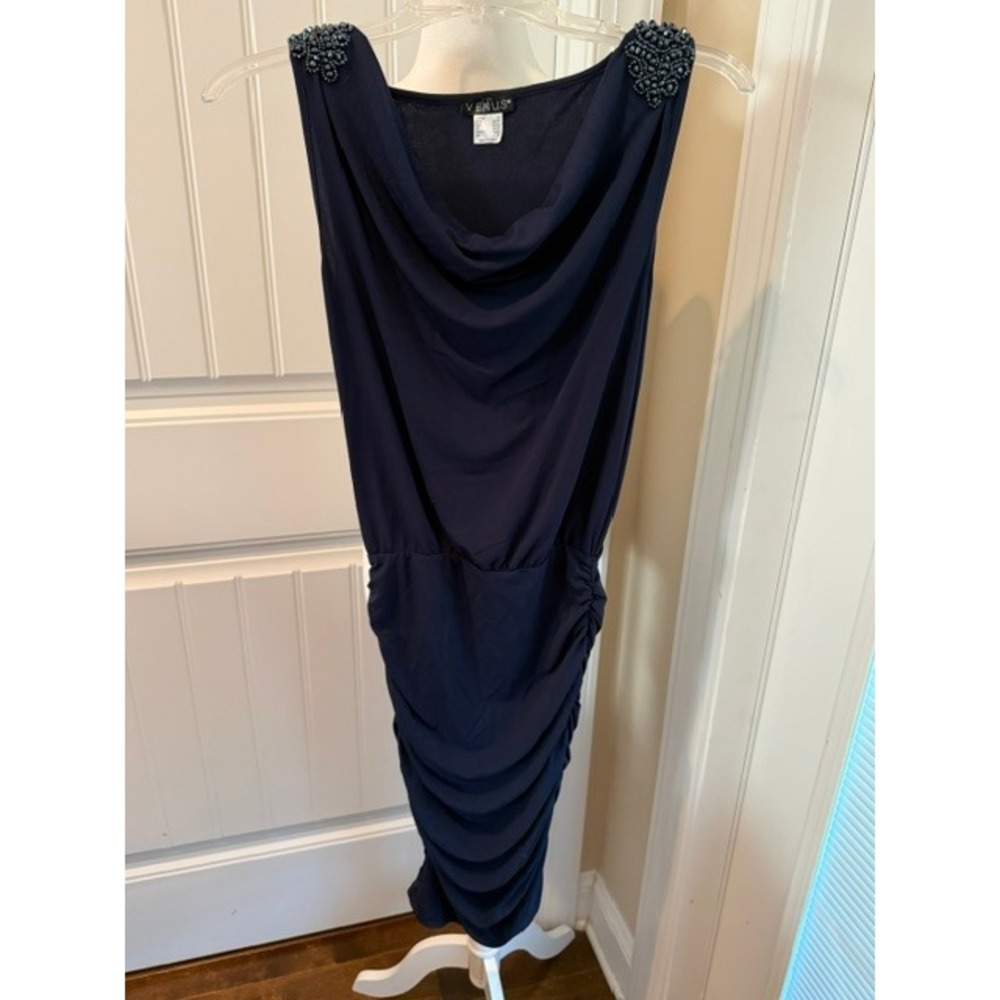 Venus Navy Blue Cowl Neck Ruched Bodycon Dress Beaded Shoulder XS